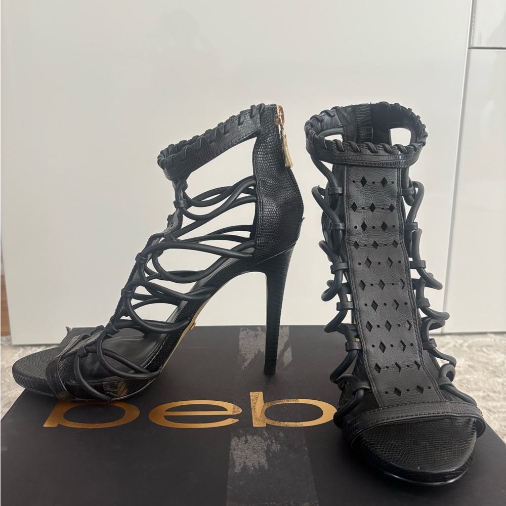 Bebe Black Intricate Strappy Heels